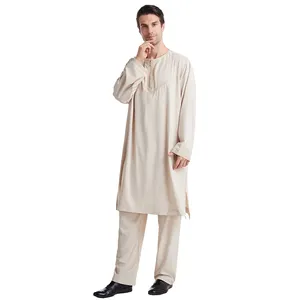 Men 2 Piece Set Thobe Saudi Men Dresses Abaya Islamic Clothing Embroidery Top Pants Set Muslim Arab Men Thobe Thawb Caftan Suit