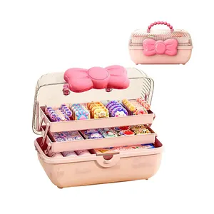 Cosmetics Desk Organizer Pink Transparent Three-layer Storage Box Kids Tee Storage Christmas Gift With Bow