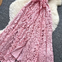 Robe élégante pour femmes en dentelle rose, style A, décontractée, col montant, manches bouffantes courtes, ceinture, longueur midi, pour tous les jours et les soirées