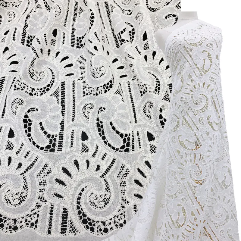 Diskon Besar-besaran Kain Katun Bordir Tali Mewah Desain Paisley Putih Gading untuk Gaun SS210905-EMB02