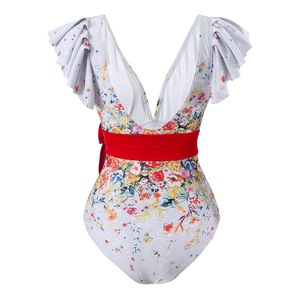 Set di costumi da bagno in 2 pezzi: costume intero con scollo a V e volant + pantaloni larghi coordinati con stampa floreale, completo outfit da spiaggia - Product Image 2