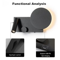 Lampe murale de lecture moderne pour hôtel, 15W, noir et blanc, pour chambre à coucher, chevet, applique murale, alimentation avec USB et Type-C