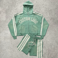 Conjunto de Sudadera con Capucha Corta y Pantalones Cortos para Hombre, Estilo Y2K Streetwear, Personalizado, de Alto Gramaje, con Lavado Ácido, Pedrería y Efecto Desgastado, con Cremallera