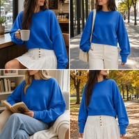 Pull-over personnalisé bleu roi pour femme, col rond, coupe courte, épaules tombantes, manches longues, poignets côtelés, vente en gros