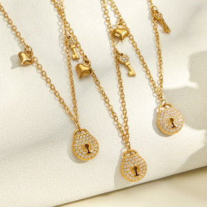 Gold Plated Charm <b>Necklace</b> With <b>Lock</b> <b>Key</b> Pendant Cubic Zirconia Women's Romantic Everyday Wearing Chain Jewelry - Product Image 2