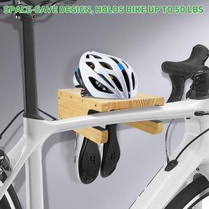 Support mural pour vélo en bois avec étagère et crochets pour la maison, support de rangement horizontal pour vélo intérieur pour économiser de l'espace dans le garage - Product Image 5