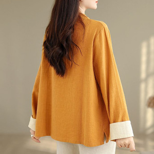 Chinese Style Color Blocked Button Down Long Sleeve Shirt <b>Women</b> Cotton <b>Linen</b> Top Spring Autumn <b>Cardigan</b> Jacket Orange Brown - Product Image 4
