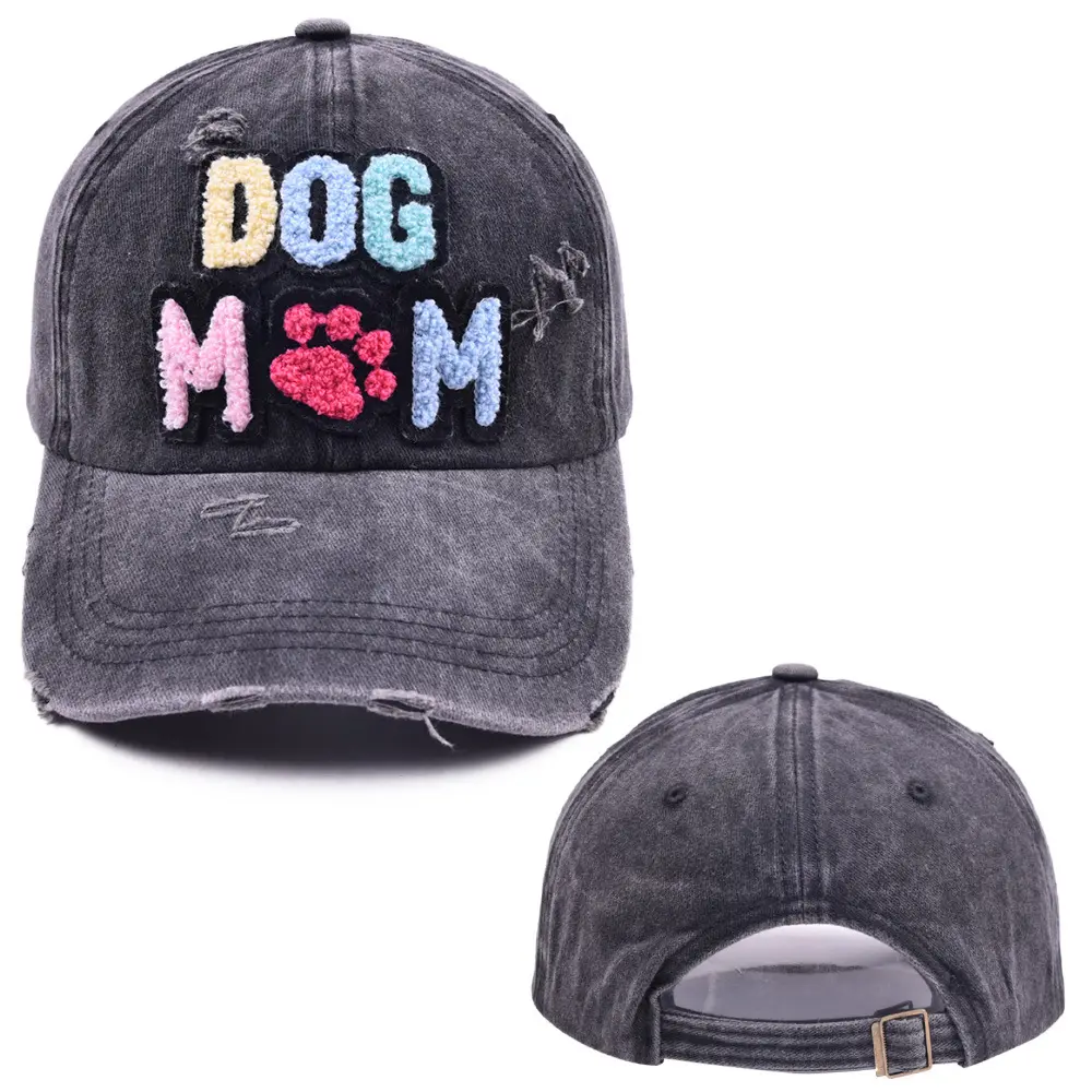 Vintage yıkanmış pamuk Denim beyzbol şapkası kadın köpek anne şönil 3d yama işlemeli beyzbol şapkası şapka
