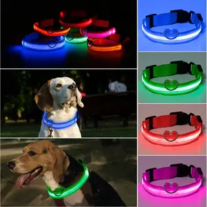 Collar LED de nailon para mascotas, correa de seguridad nocturna brillante en la oscuridad para perros, collares fluorescentes luminosos, suministros para mascotas