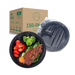 YANGRUI 400Pack Black Disposable Dinner Picnic Party Plates Set BPA Free Round 9 Inch Plastic 3 Compartment Divided Plates