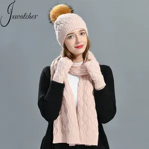 Wholesale Winter Warm Beanie Scarf Mittens Three-piece Suit Skully Soft Cashmere Wool Knitted Women Winter Hat and Glove Set