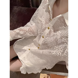 Elegant Women <strong>White</strong> Lace Hollow Out Long Sleeve Button Down Blouse Casual Loose Fit <strong>Sheer</strong> <strong>Tops</strong> for Daily Wear Shirts for Women - Product Image 1