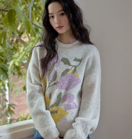 Pull en cachemire jacquard gris clair sur mesure, motif floral, coloris assortis, style décontracté et littéraire, chaud pour femme, idéal pour l'hiver