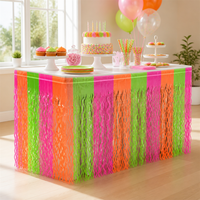 Jupe de table à franges ondulées couleur néon rose, orange, vert rayé pour décorations de table d'anniversaire