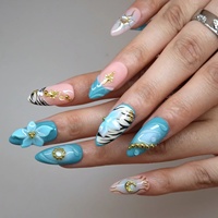 Kuku Akrilik Mewah Eksotis Sun Moon Almond Press-on 3D Motif Bunga Biru Cetak Harimau Cat-eye Manik-manik Emas Vintage untuk Perjalanan
