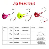 Tête de jig à double hameçon 40g-100g pour la pêche en mer, appât de traîne à queue en T