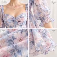 Robe de Soirée Mi-Longue pour Femme Personnalisée, Col Cœur, Imprimé Floral, Buste Froncé, Manches Bouffantes Transparentes, Taille Cintrée, Coupe Évasée