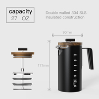 Cafetière à piston en acier inoxydable avec revêtement en verre borosilicate, 800 ml, couvercle en bois, pot filtrant pour le café et le thé