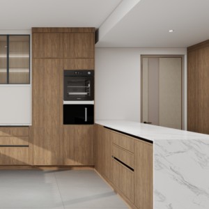 Meuble de cuisine modulaire en placage de noyer massif de style moderne avec portes à panneaux plats, évier et robinet, charnières pour personnalisation complète de la maison - Product Image 1