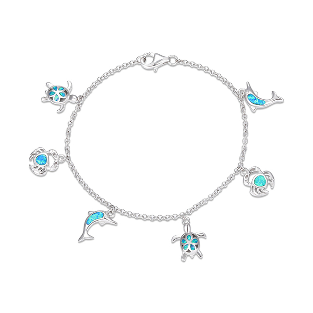 925 Silver Vintage Bracelet Stylish Temperature Attitude for Occasions Artificial Blue Opal Marine Animal Turtle Crab Gift