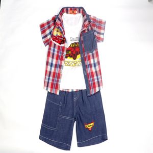 2023キッズ服スパイダーマンハワイアンスタイルボーイズカジュアルベストチェック柄シャツデニムショーツ子供用純綿スリーピーススーツ - Product Image 4