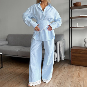 Women's Patchwork Lace Striped Collar Long-Sleeve Shirt & Casual Wide-Leg <b>Pants</b> Set Fashion - Product Image 4