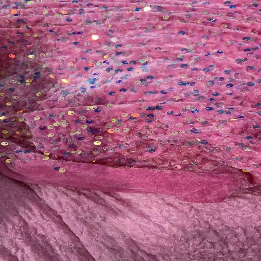 Tela de encaje de terciopelo con lentejuelas brillantes de encaje rosa brillante tela de lentejuelas de terciopelo precio al por mayor tela de lentejuelas de terciopelo