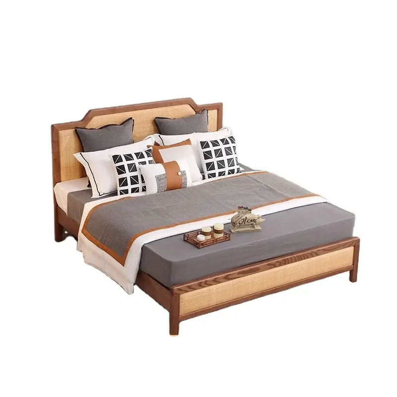 Rattan Solid wood Nordic 1.8 Double home Master Bedroom 1.5m homestayVintage bed Designer small unit Rattan bed