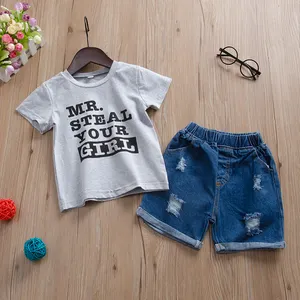 ML135A Zomer Baby Kids Jongen Afdrukken Grijs T-shirt Jeans Korte Broek Kleding Set