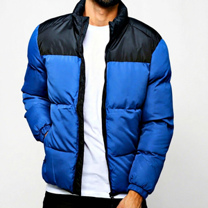 <b>Men's</b> Blue Color Blocking Puffer Jacket Windproof Polyester Winter <b>Coat</b> Zipper Closure Stand Collar Casual Style Regular Fit2026 - Product Image 1