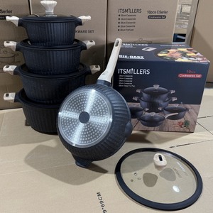 Ensemble de casseroles <span class=keywords><strong>en</strong></span> granit noir de luxe, 10 pièces, <span class=keywords><strong>en</strong></span> aluminium texturé côtelé, avec poignées effet bois, couvercles <span class=keywords><strong>en</strong></span> verre, cadeau de cuisine - Product Image 5