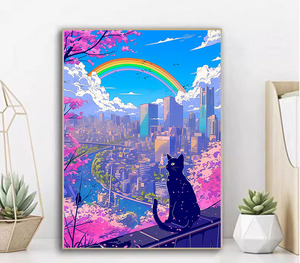 Chat regardant la ville bâtiment arc-en-ciel court peluche diamant peinture résine points carrés diamant Art Kit peinture murale - Product Image 2