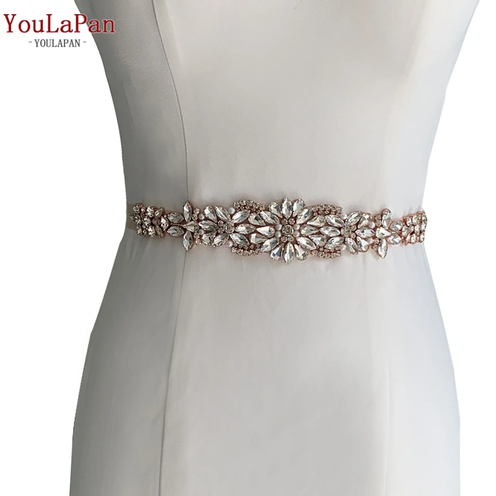 YouLaPan S423 Fashion Design Rose Gold Rhinestone Belt Banquet Evening Dress Sash Belt Wedding Gift Bridal Wedding Dress Belt
