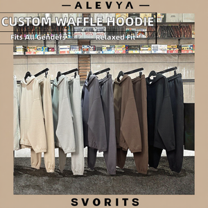 Customize Unisex Pullover Oversized Solid Spring Polyester/Cotton Waffle Knit <b>Thermal</b> <b>Hoodie</b> Set - Product Image 2