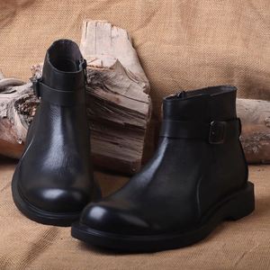 Bottes montantes en cuir véritable pour hommes, bout rond, avec boucle, semelle extérieure en caoutchouc antidérapante, chaussures de ville pour le travail, livraison directe - Product Image 3