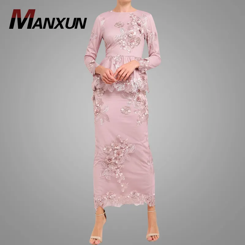 Модное скромное мусульманское платье розовое кружевное стильное цветочное розовое платье Baju Kurung с баской малазийский кебая