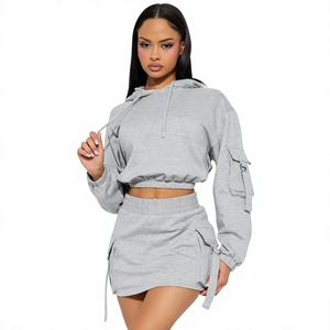 <b>Women</b> 2 Piece <b>Set</b> Cropped Hoodie With Cargo Pockets And Matching Skirt Gray Casual Loose Fit All Seasons Sweatshirt Outfit - Product Image 1