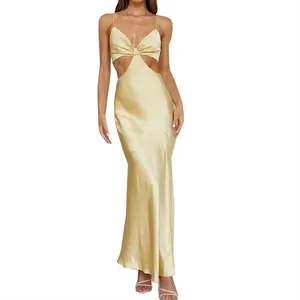 Custom High Quality Sexy Cut Out High Slit Prom Dresses Party Long Satin Evening Dress For Women