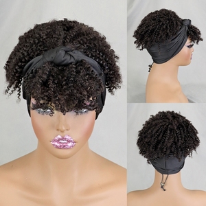 Perruques de bandeau écharpe noire naturelle avec frange <span class=keywords><strong>Afro</strong></span> Puff perruque de <span class=keywords><strong>cheveux</strong></span> humains courte bouclée abordable sans colle - Product Image 5