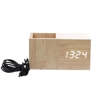 Jam Alarm Silinder Kayu Kreatif LED Kontrol Suara Desain Modern Bertenaga USB Tampilan Suhu Senyap di Samping Tempat Tidur Kamar Tidur Kantor