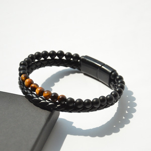 Men's Volcanic Tiger Eye Beaded <b>Bracelet</b> PU Leather Braided Black Brown Stone Jewelry Gift 7.5 8.5 9 Inches - Product Image 1