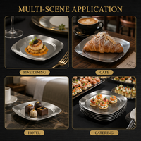 Assiette de service carrée moderne en acier inoxydable 304 poli pour hôtels et restaurants, compatible lave-vaisselle, présentation de desserts