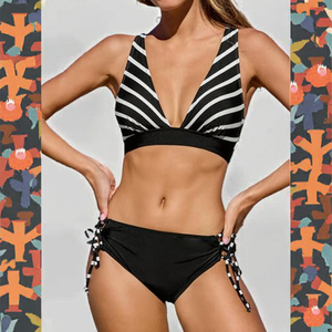 Conjunto de bikini con cuello en V profundo a rayas para mujer, traje de baño con parte superior push-up y parte inferior con lazo lateral - Product Image 3