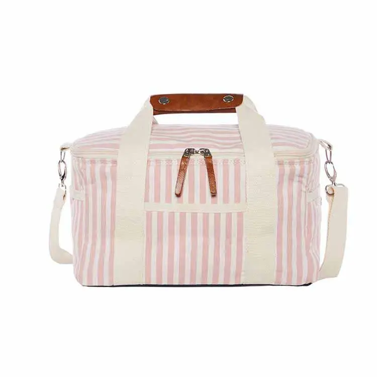 Sac à lunch isotherme réutilisable pour les hommes et les femmes de plage, pique-nique ou voyage avec des rayures blanches roses