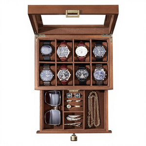 Organisateur de rangement pour montres rectangulaire à 8 emplacements et 2 niveaux de haute qualité au design vintage pour hommes avec tiroir et vitrine - Product Image 1