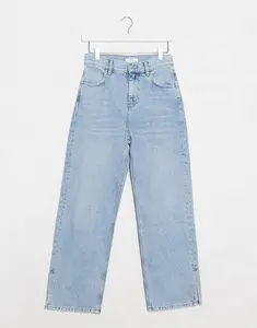 Topshop Celana Jeans Kaki Wanita, Trendi Butik Pencuci Setengah Belah Lurus Pinggang Tinggi 2020 Katun Kotak-kotak Panjang Penuh Musim Panas 100%