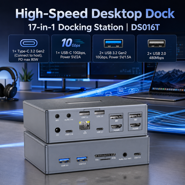 DisplayLink USB C Quad Monitor Docking Station Dual HDMI Dual DP 4K 60Hz 17 In1 Type C Hub Gigabit Ethernet for MacBook M1 M2 M3