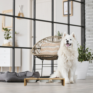 Bambu ayakta tip besleme istasyonu tepsi ile çift seramik evcil hayvan kaseleri yükseltilmiş köpek ve kedi su çanak tepsi - Product Image 6