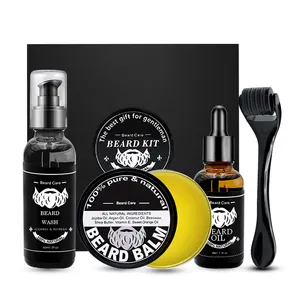 Custom Logo Soin Barbe Baard Olie Set Balsem Kam Baard Roller Baard Groei Kit Care