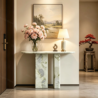 Table console moderne en marbre vert sur mesure, plateau ovale incurvé, deux pieds solides, décoration pour salon, couloir, villa, entrée